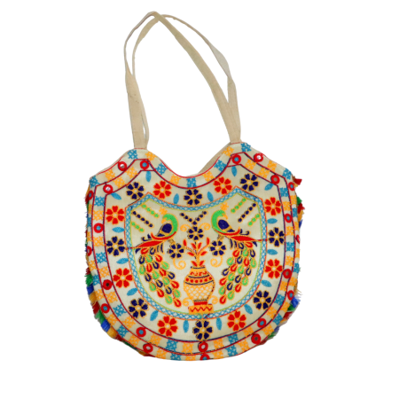 Handmade Jaipuri Embroidered Cotton Handbag Multicolor Ethnic Tote with Peacock Design